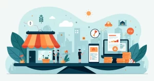 Ilustração comparando franquias físicas e renda passiva digital em balança de decisão