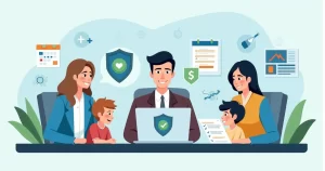 Ilustração de família recebendo suporte financeiro em caso de doença grave