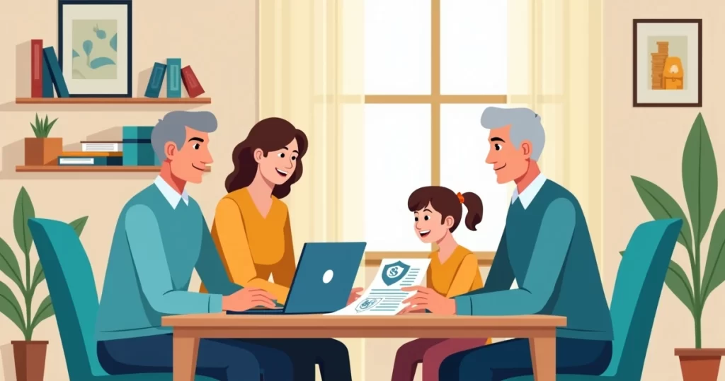 Pais conversando com filho adulto sobre proteção financeira na mesa de casa