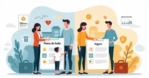 Família de alta renda olhando para contrato de plano de saúde e apólice de seguro separados