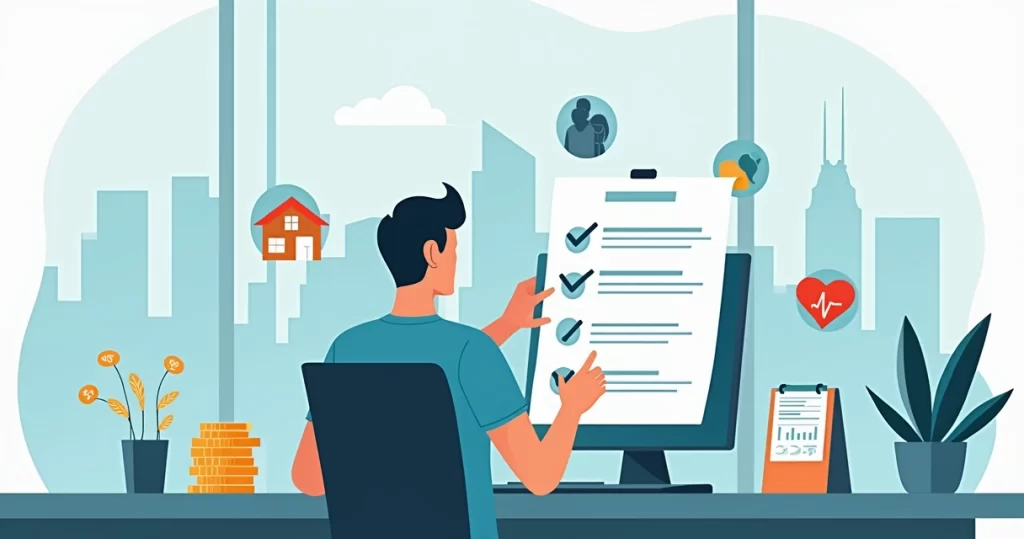 Profissional saudável analisando opções de seguro de vida em ambiente corporativo moderno