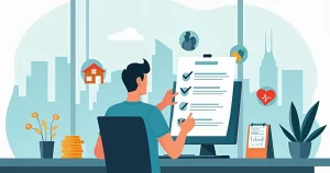 Profissional saudável analisando opções de seguro de vida em ambiente corporativo moderno