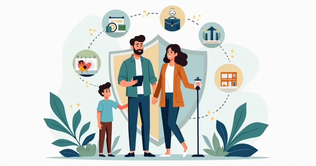 Família analisando proteção financeira com coberturas de seguro úteis em vida