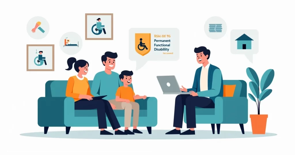 Família de alta renda conversando com consultor sobre proteção contra invalidez funcional permanente