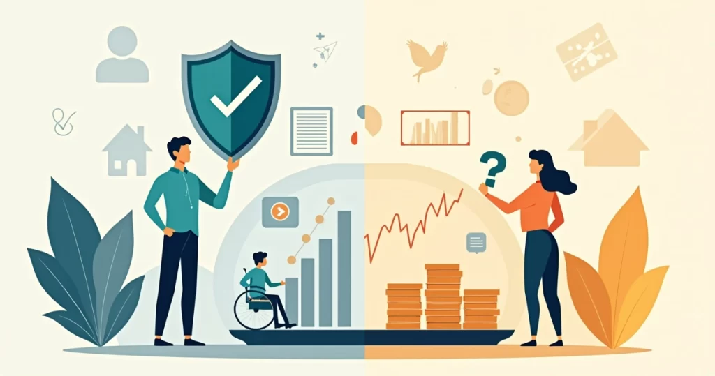 Comparação visual entre seguro por invalidez e fundos exclusivos para proteção financeira