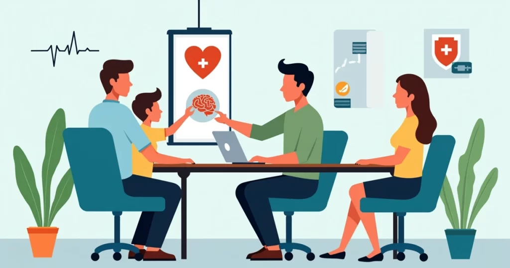 Família recebendo orientação sobre seguro de vida para doenças graves