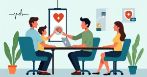 Família recebendo orientação sobre seguro de vida para doenças graves