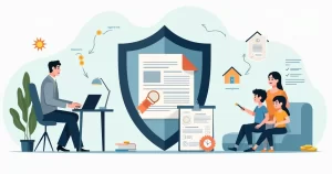 Ilustração de família analisando planejamento sucessório com apólice de seguro de vida e documentos de herança