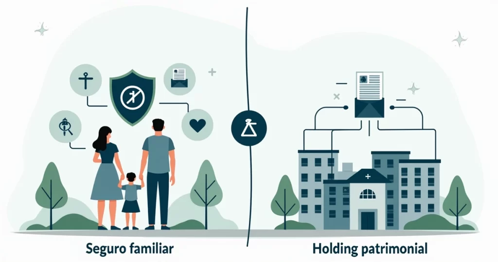 Ilustração comparando seguro de vida familiar e holding patrimonial protegendo uma família e seus bens