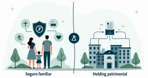 Ilustração comparando seguro de vida familiar e holding patrimonial protegendo uma família e seus bens