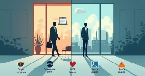 Comparação visual entre afastamento por culpa recíproca e força maior em cenário de demissão e seguros