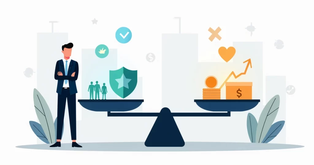 Profissional avaliando seguro de vida resgatável em balança entre proteção e resgate financeiro