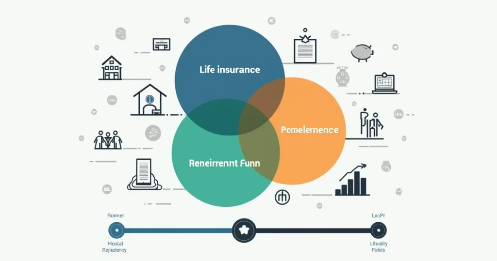 Mapa ilustrado mostrando camadas de proteção financeira com ícones de seguro reserva e previdência