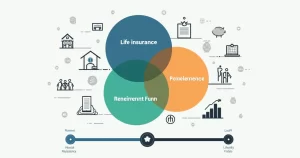 Mapa ilustrado mostrando camadas de proteção financeira com ícones de seguro reserva e previdência