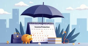 Cofre protegido por guarda-chuva em dia chuvoso representando renda garantida