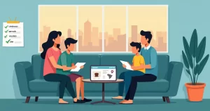 Família de alta renda revisando proteção funerária em ambiente tranquilo