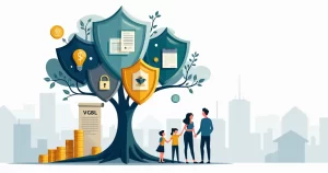 Família de alta renda cercada por símbolos de proteção patrimonial e sucessão