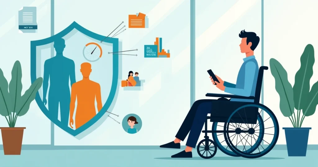 Profissional em cadeira de rodas analisando proteção financeira no tablet