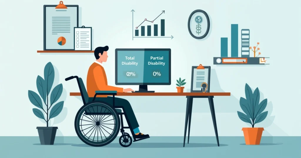 Profissional em cadeira de rodas revisando plano de seguro e finanças no escritório