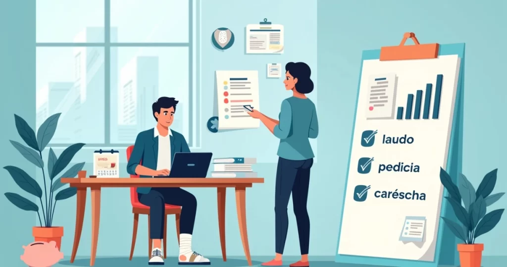 Profissional afastado do trabalho organizando documentos para o INSS e planejando finanças familiares