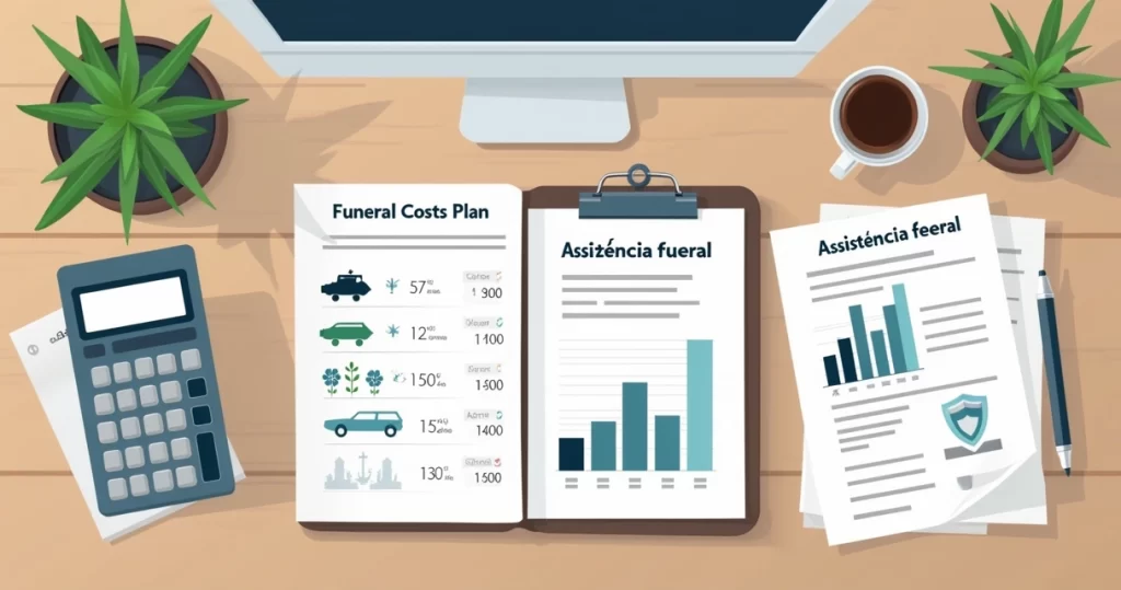 Mesa organizada com cálculo de custos de funeral em planilha e contrato