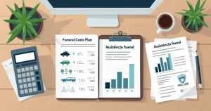 Mesa organizada com cálculo de custos de funeral em planilha e contrato