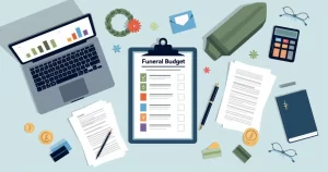 Mesa com cálculo de custos funerários e ícones de serviços de enterro e cremação