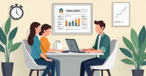 Família planejando custo de funeral simples com consultor e planilha