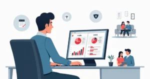 Profissional de alta renda planejando previdência privada no notebook com gráficos e família ao fundo