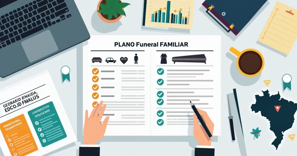 Mesa com contrato de plano funeral familiar, gráfico de custos e mapa do Brasil ao fundo