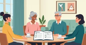 Família com idoso planejando serviço funeral com tranquilidade