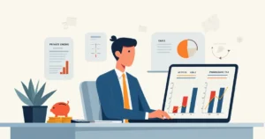 Profissional analisa em tela fluxos de resgate de previdência com gráficos e cronogramas