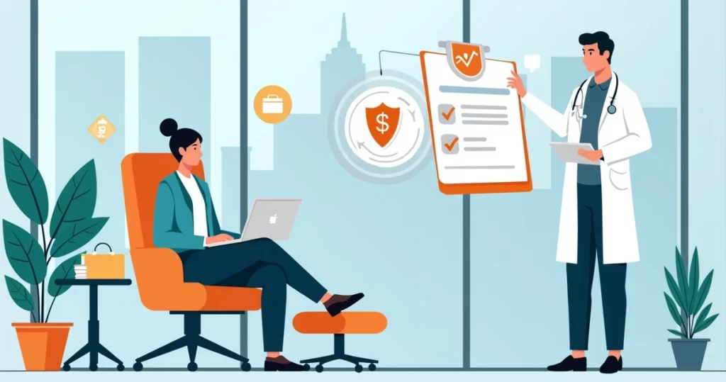 Profissional de alta renda em consulta médica analisando proteção da renda
