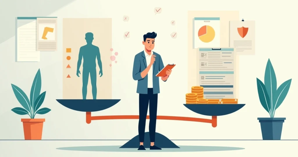 Profissional observando balança com lado físico e lado financeiro após acidente