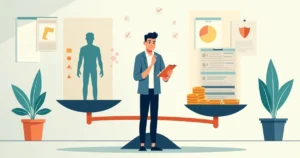 Profissional observando balança com lado físico e lado financeiro após acidente