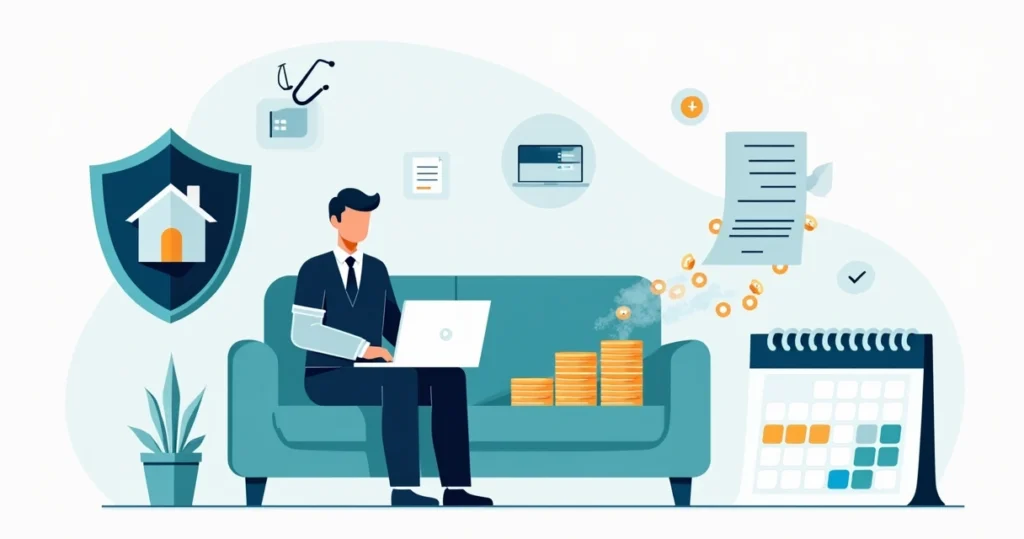 Profissional afastado por doença com renda protegida e símbolos de cobertura por DIT