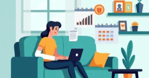 Profissional afastado em casa com tipoia olhando fluxo de renda garantido em tela de notebook