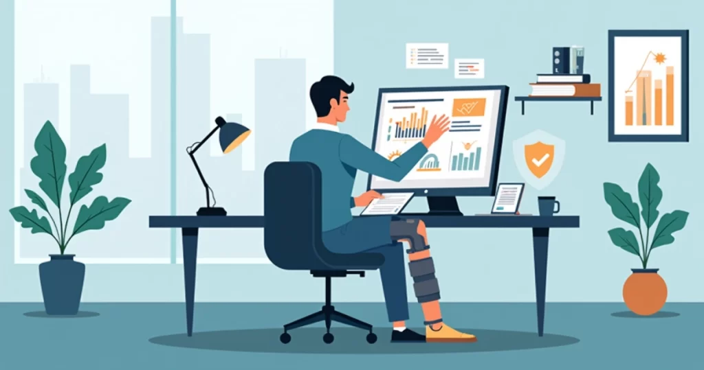 Profissional com imobilizador na perna analisando planejamento financeiro detalhado