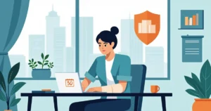 Profissional urbano em casa com braço enfaixado usando notebook e calendário de afastamento ao fundo