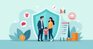 Família de alta renda protegida por escudo analisando estratégia contra doenças graves