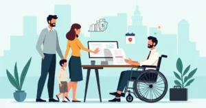 Profissional de alta renda usando cadeira de rodas com família ao lado e fundo com ícones de proteção financeira