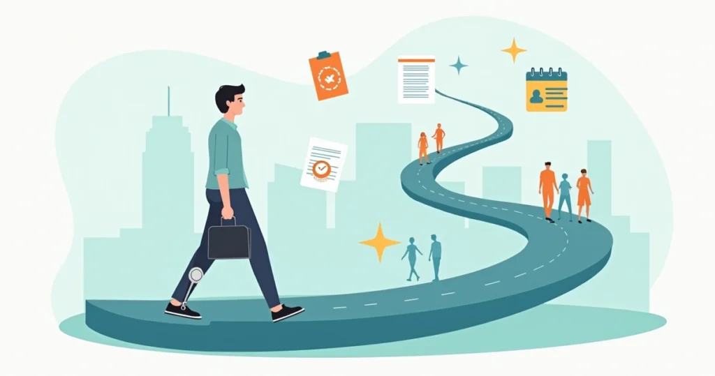 Profissional de alta renda com prótese de perna cercado por ícones de proteção financeira