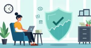 Profissional autônomo em casa com perna imobilizada trabalhando ao computador protegido por escudo financeiro