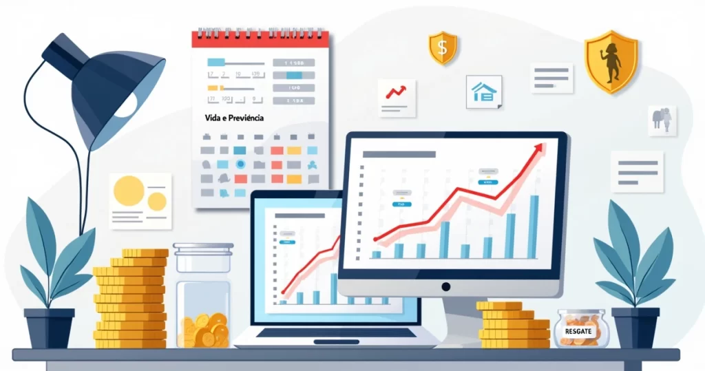 Profissional planejando resgate de previdência em calendário com gráfico de longo prazo