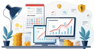 Profissional planejando resgate de previdência em calendário com gráfico de longo prazo