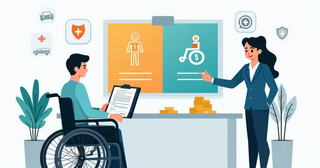 Profissional em cadeira de rodas analisando contrato de seguro com ícones de invalidez ao fundo