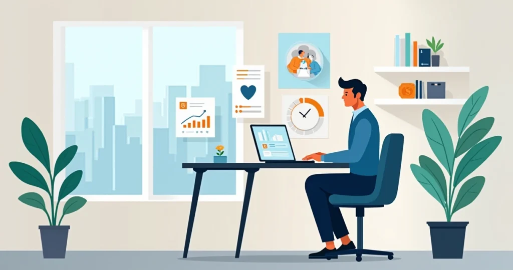 Profissional de alta renda avaliando seguro de vida Azos em notebook com gráficos de proteção financeira