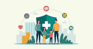 Ilustração de família protegida por escudo médico e financeiro