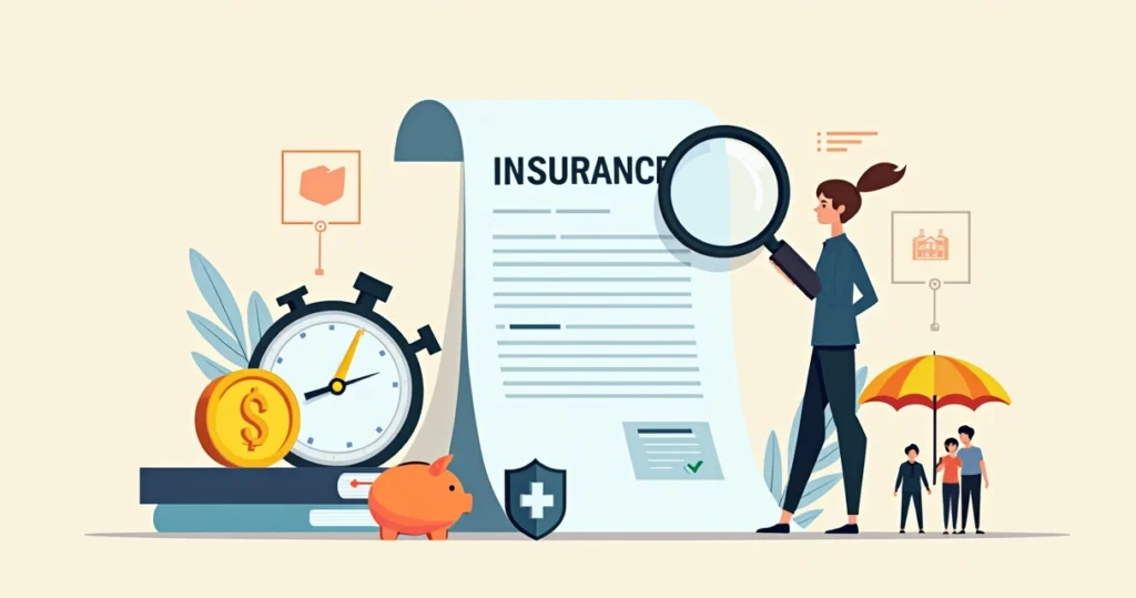 Contrato de seguro ao lado de cronômetro e certificado de proteção financeira