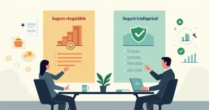 Comparação visual entre seguro resgatável e seguro tradicional em painel financeiro